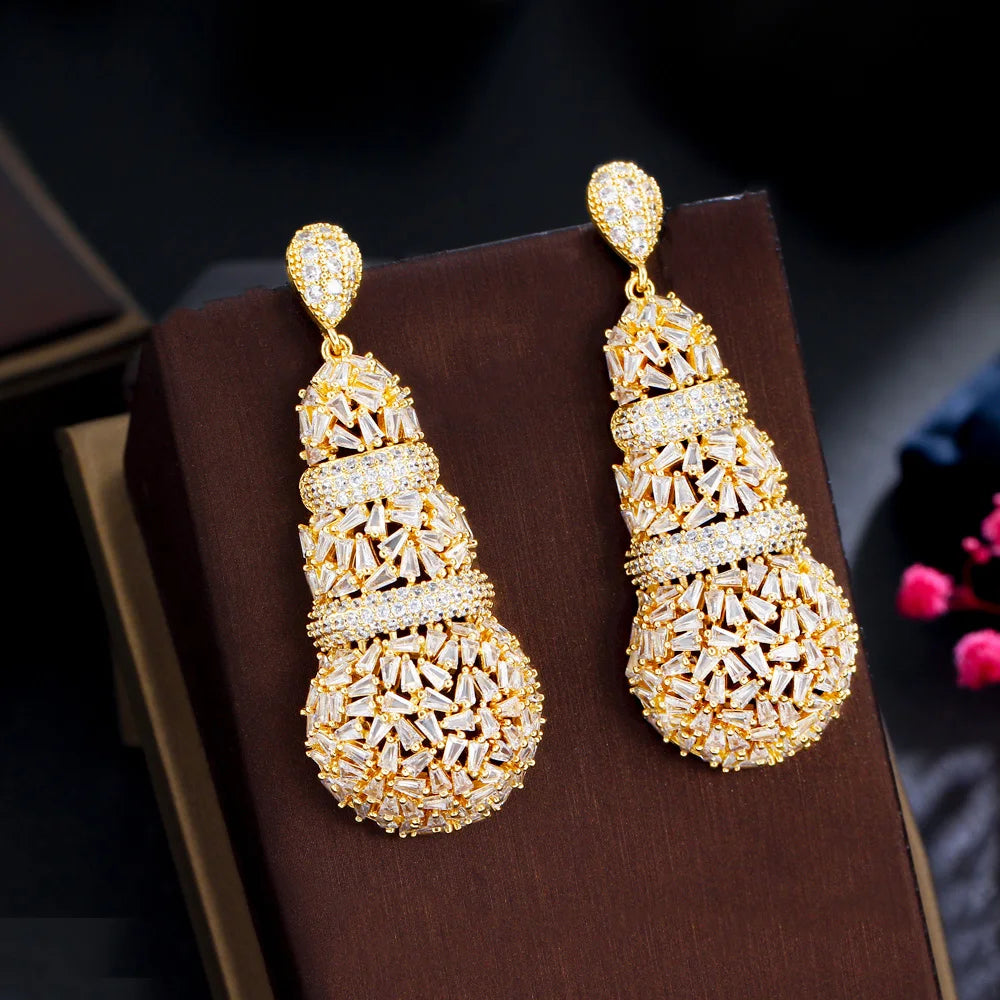 Shiny Chunky Cubic Zirconia Pave Big Luxury Statement African Dubai Gold Plated Long Wedding Earrings for Women - EUFASHIONBAGS