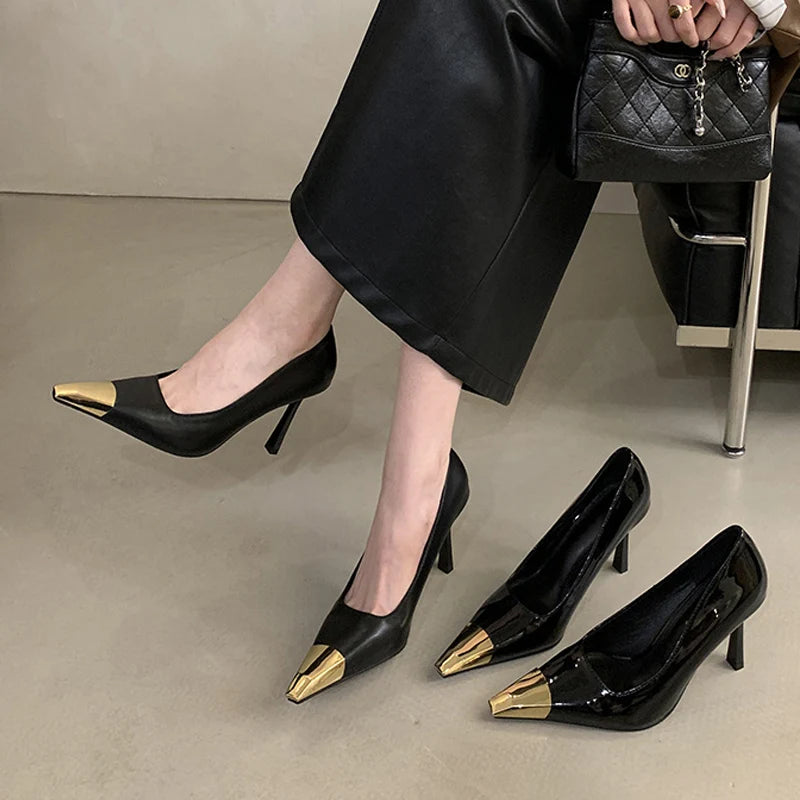 Classics Black High Heels Cozy Patent Leather Women Pumps Fashion Metal Decoration Pointed Toe Stiletto Shoes