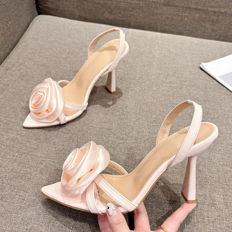 Summer Fashion Silk Rose Flowers Pointed Open Toe Back Strap Sandals Women Red High Heels Wedding Prom Shoes Zapatos Mujer - EUFASHIONBAGS