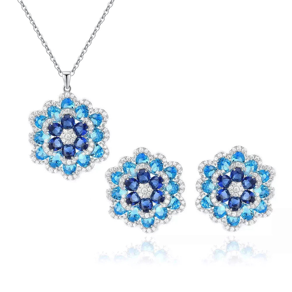 Art Deco Luxury Blue Cubic Zirconia Chunky Flower Shape Earrings And Pendant Necklace Women Party Jewelry Sets - EUFASHIONBAGS