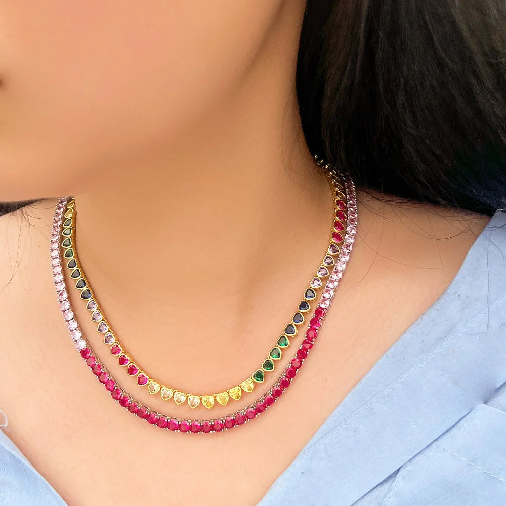 Chic Bling Pink Red Cubic Zirconia Round Chain Link Tennis Choker CZ Necklace for Women New Trendy Jewelry Gift