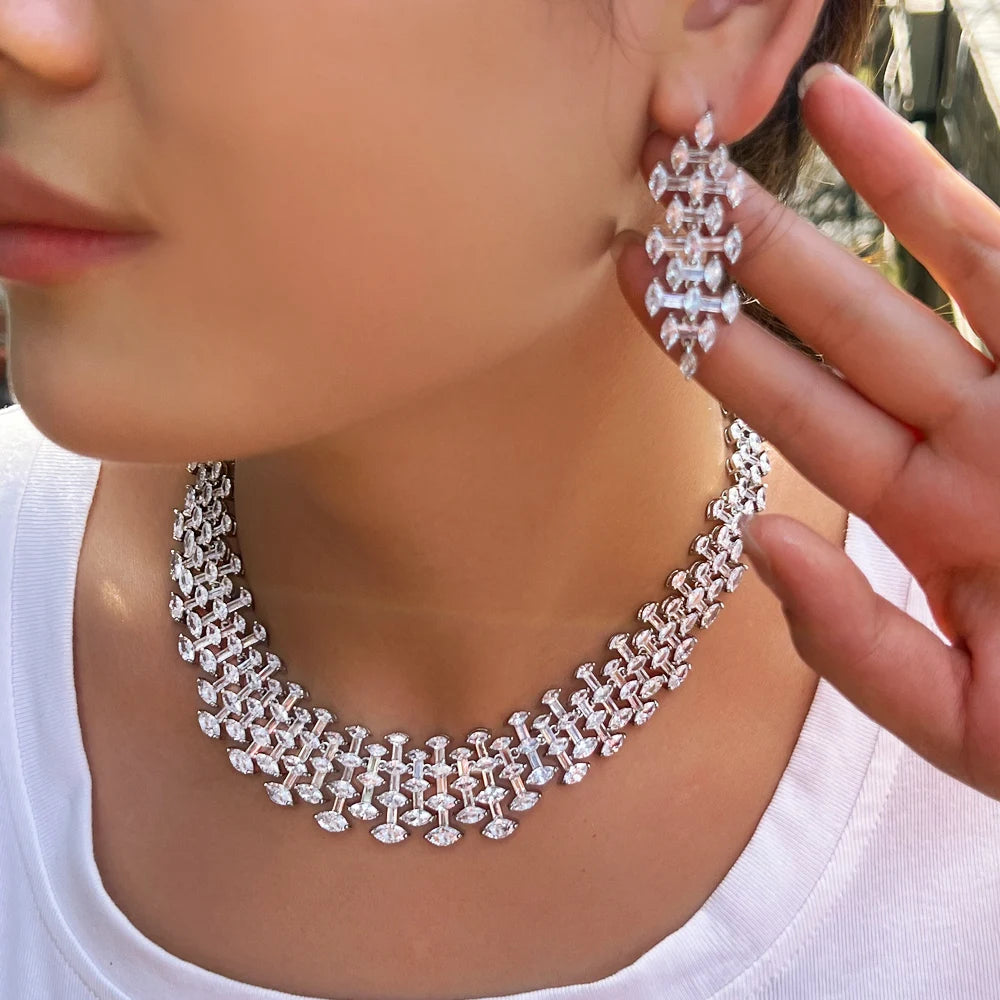 Super Shiny White Cubic Zirconia Big Chunky Party Wedding Necklace Bridal Jewelry Sets Costume Accessories - EUFASHIONBAGS