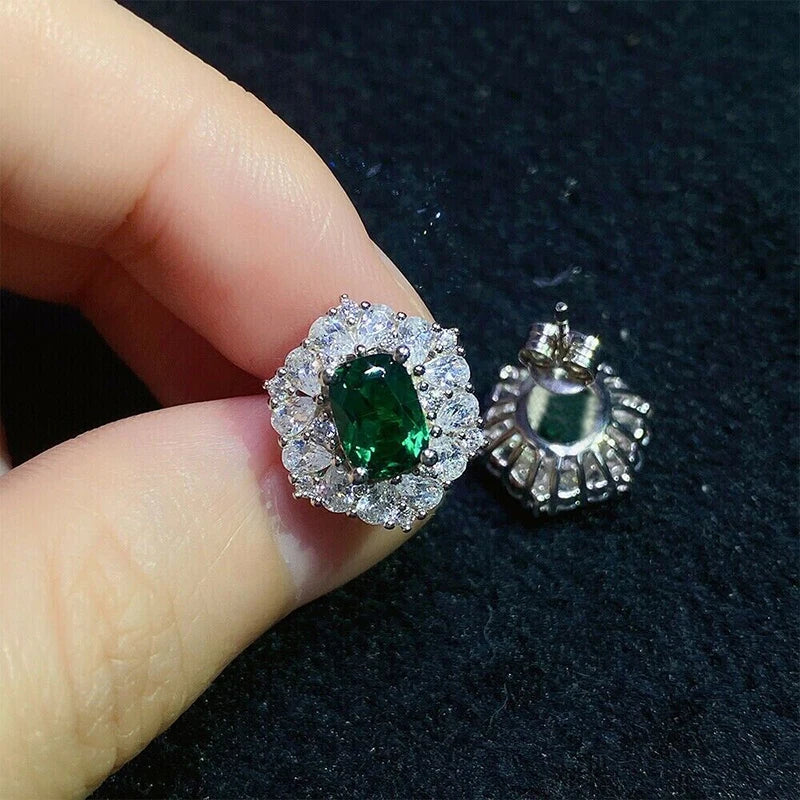 Geometric Shaped Stud Earrings with Oval Green CZ Sparkling Ear Accessories for Women Wedding Party Elegant Lady Jewelry