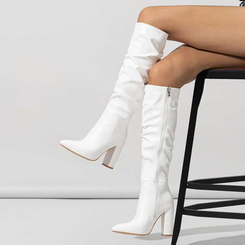 Winter Street Fashion Pleated Leather Pink Knee High Boots Women Sexy Long Zip Pointed Toe Square Heels Stripper Shoes