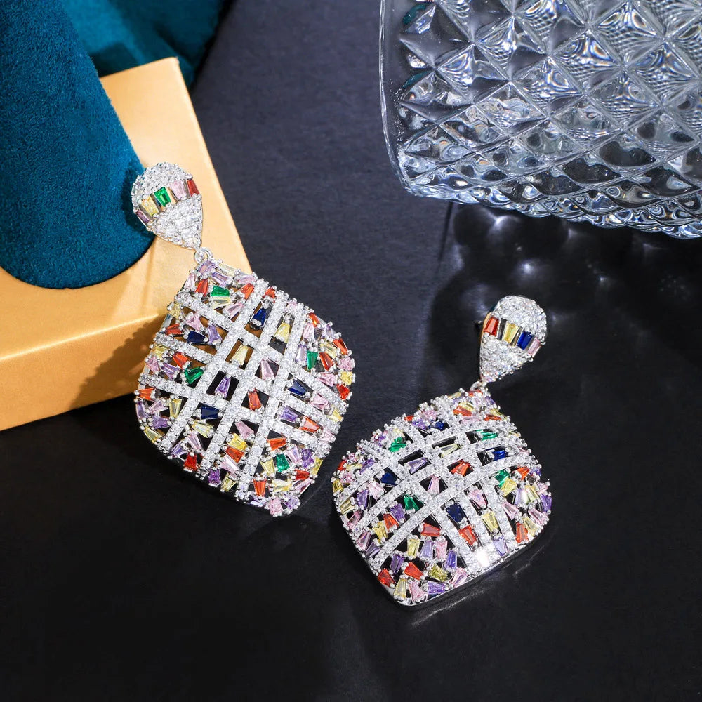 Fancy Cross Line Colorful Heavy Cubic Zirconia Stone Pave Luxury Big Rhombic Drop Engagement Earrings for Women