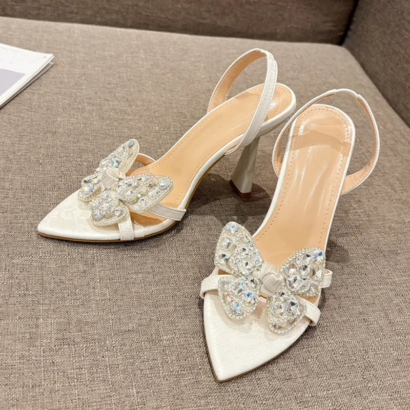 Size 35-41 Sexy Slingback Sandals Women Back Strap High Heels Summer Fashion Crystal Diamond Pointed Toe Wedding Prom Shoe