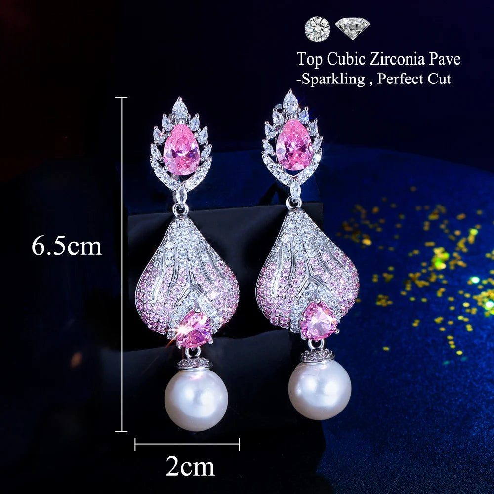 Luxury Chunky Pink Cubic Zirconia Pave Long Dangle Drop Pearl Huggie Earrings for Women Festival Party Jewelry - EUFASHIONBAGS