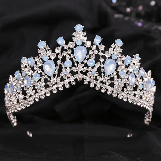 Baroque Luxury Silver Color Blue Opal Crowns Wedding Hair Accessories Elegant Queen Crystal Tiaras Diadem Bridal Dress Headbands - EUFASHIONBAGS