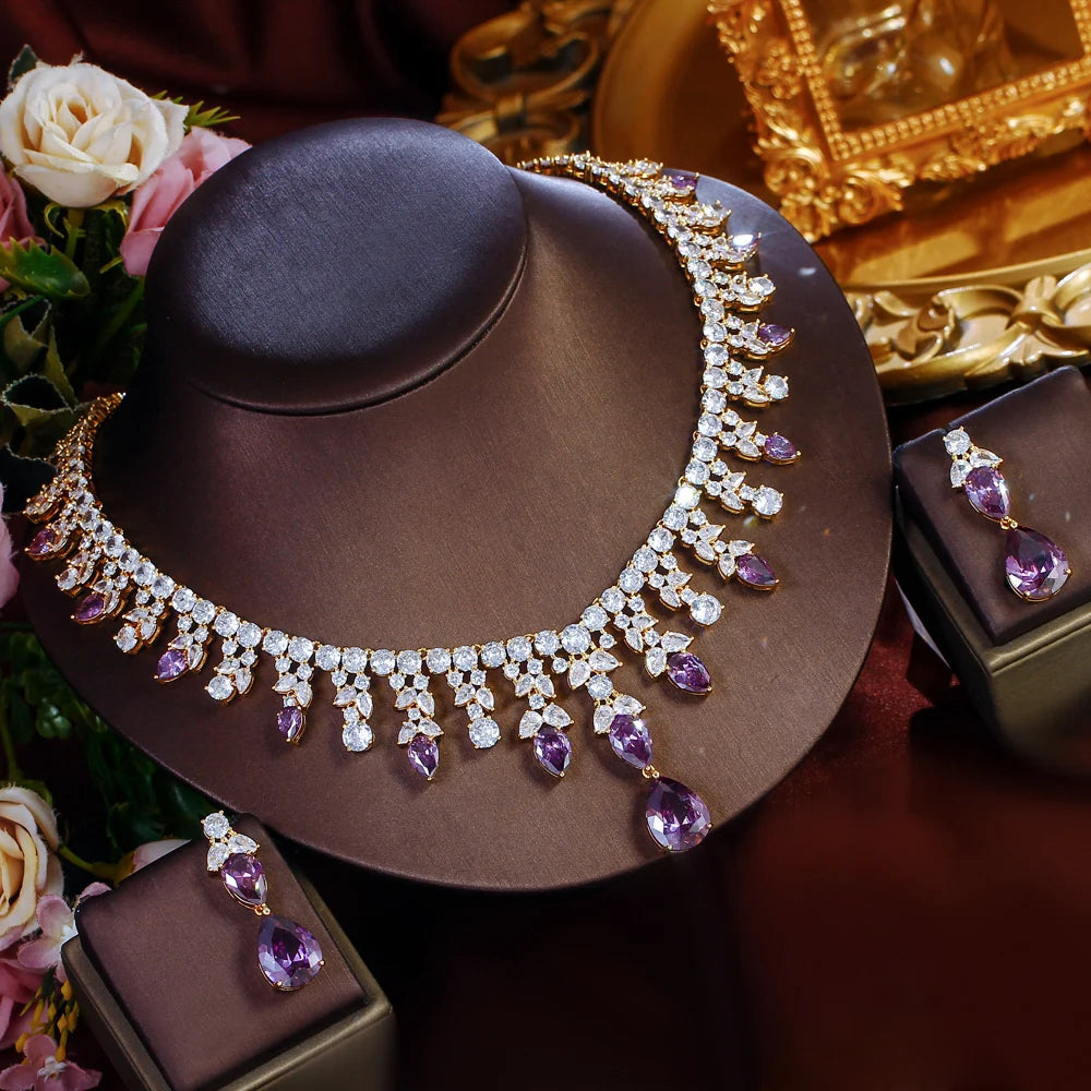 Luxury Gold Plated Purple Cubic Zirconia Big Chunky Water Drop Wedding Necklace Pageant Bridal Jewelry Sets - EUFASHIONBAGS