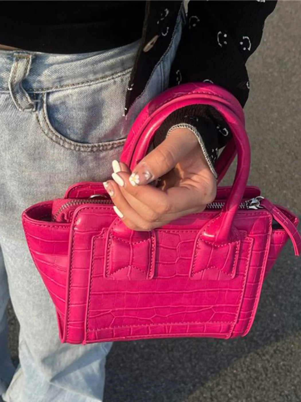 Crocodile Pattern Bucket Bag Women Handle Casual Crossbody Bags Female Vintage Pink Y2k Hand Bag Aesthetic - EUFASHIONBAGS