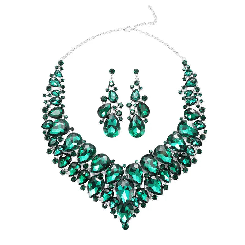 Luxury Water Drop Green Crystal Jewelry Sets For Women Wedding Party Jewelry Accessories Stud Earrings & Necklace Set - EUFASHIONBAGS