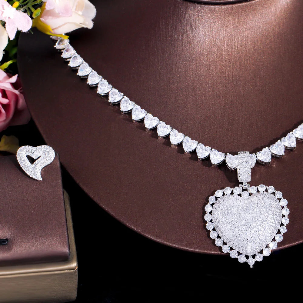 Bling Heart Shape Iced Out Cubic Zirconia Tennis Chain Necklace Earrings Trendy Party Jewelry Sets for Women - EUFASHIONBAGS