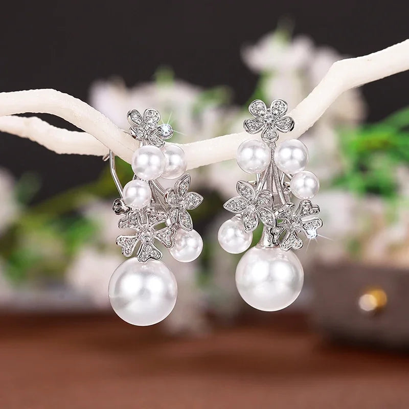 Flower Earrings with Elegant Imitation Pearl Engagement Wedding Aesthetic Earrings for Women Fashion Jewelry - EUFASHIONBAGS