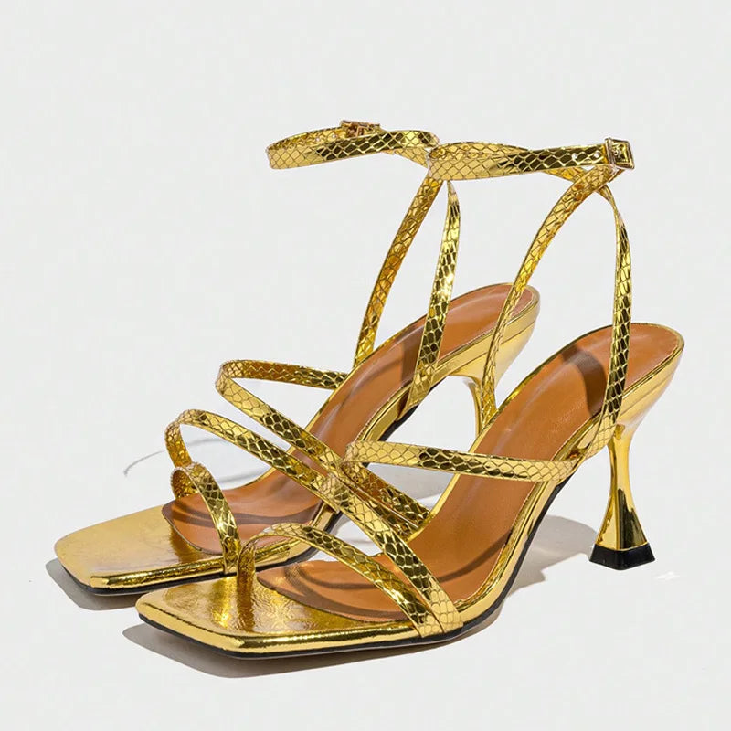 Sexy Snake Print Leather Ankle Strap Gold Sandals Women Narrow Band Square Open Toe Gladiator High Heels For Ladies Shoes - EUFASHIONBAGS