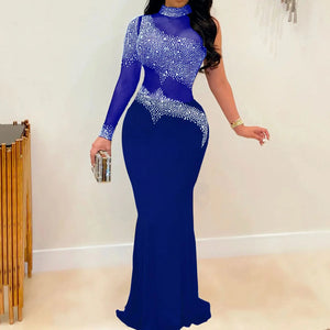 Plus Size Sheer Rhinestone Party Dress Female Luxury Dinner Prom Lady Evening Robe Summer Elegant And Pretty Women Dresses