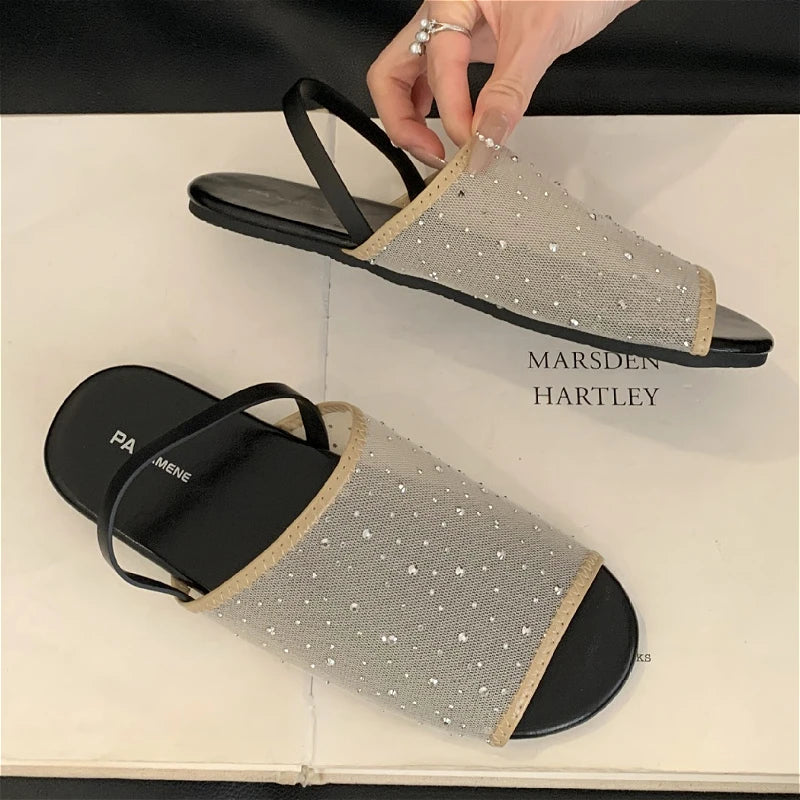 Mesh Rhinestone Flat Sandals Ladies Breathable Summer 2025 NEW Open Toe Slides Female Comfy Fashion Brand Design Slippers Women