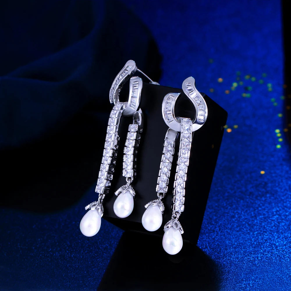 Geometric Cubic Zirconia Long Dangle Tassel Water Drop Pearl Pageant Wedding Party Engagement Earring for Women - EUFASHIONBAGS