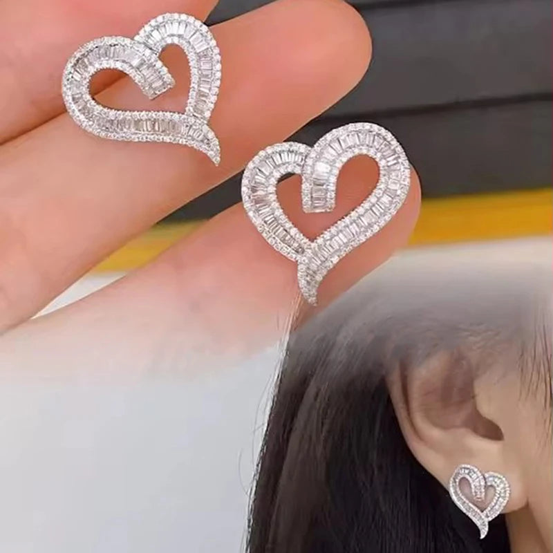 Hollow Out Heart Earrings Female Luxury Brilliant Zirconia Accessories for Wedding Party Romantic Lady Jewelry - EUFASHIONBAGS