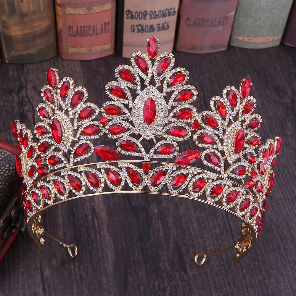 Baroque Gold Color Red Crystal Bridal Tiaras Crowns Rhinestone Pageant Diadem Women Headpieces Wedding Hair Accessories Jewelry