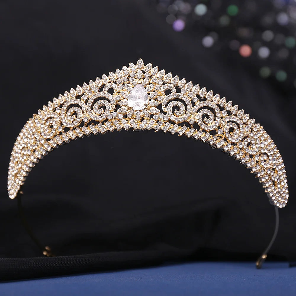 Baroque Luxury Cubic Zircon Crystal Leaf Bridal Tiaras Crowns Rhinestone Pageant Diadem Bride Headbands Wedding Hair Accessories - EUFASHIONBAGS