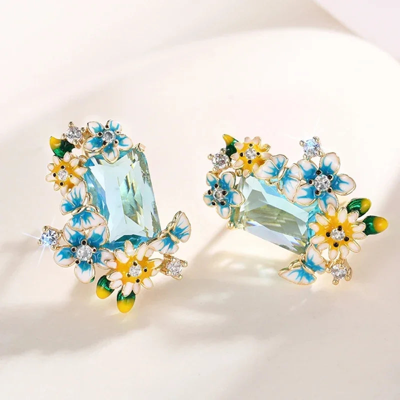 Blue Yellow Flowers Enamel Earrings with Big Sky Blue CZ Aesthetic Drop Earrings for Women Wedding Party Unique Jewelry - EUFASHIONBAGS