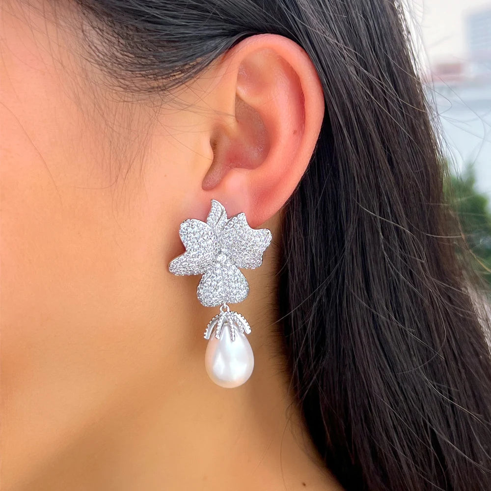 Fancy Cubic Zirconia White Gold Color Big Leaf Flower Shape Dangling Drop Long Pearl Earrings for Women Party - EUFASHIONBAGS