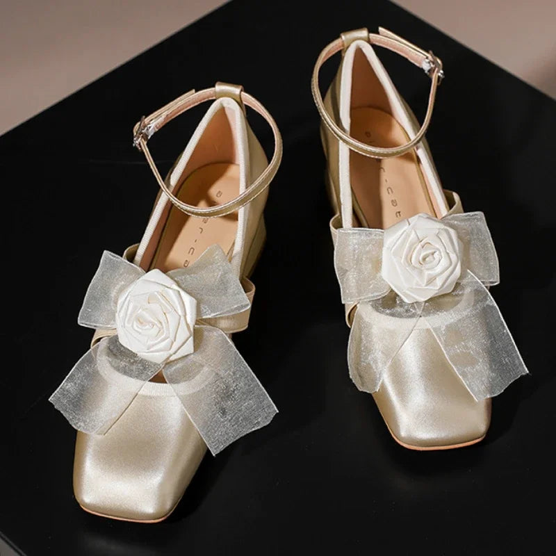 Fashion Flower Chunky Mary Jane Shoes Women Square Toe Dress Shoes Fashion Ankle Stra Brand High Heels Women Footwear