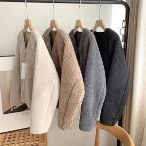 Lamb Fur Women Coats Autumn Winter Solid Thick Warm V-Neck Long-Sleeved Casual All Match Female Outwear Jackets