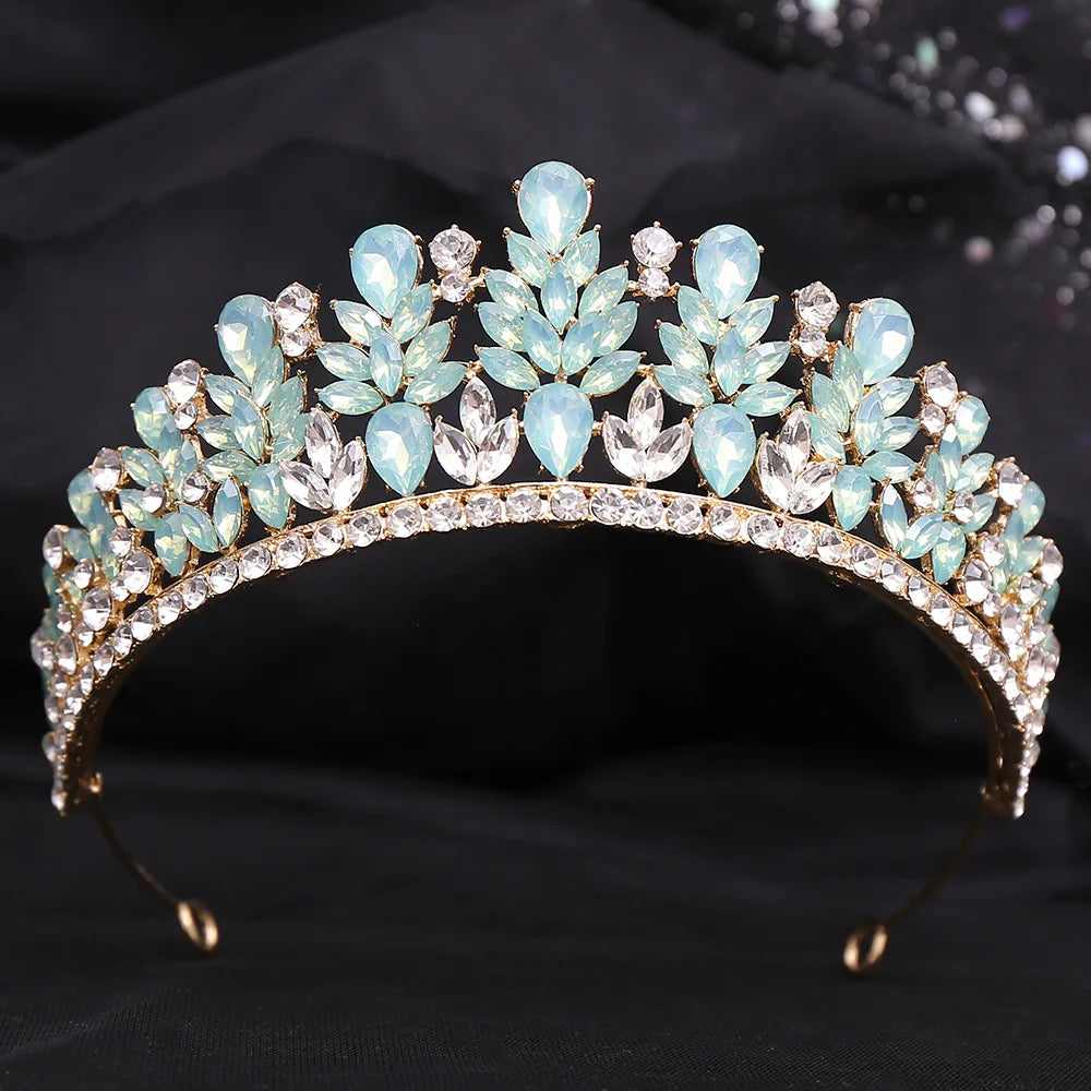 New Luxury Gold Color Green Opal Crystal Flower Water Drop Tiaras Crown Women Wedding Party Diadem Bridal Crown Hair Accessories - EUFASHIONBAGS