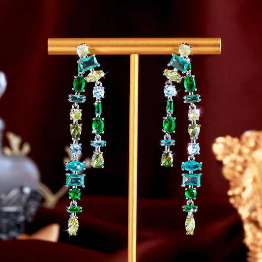 Glamorous Fringed Green Cubic Zirconia Dangly Tassel Drop Long Earrings for Women Pageant Party Accessories - EUFASHIONBAGS