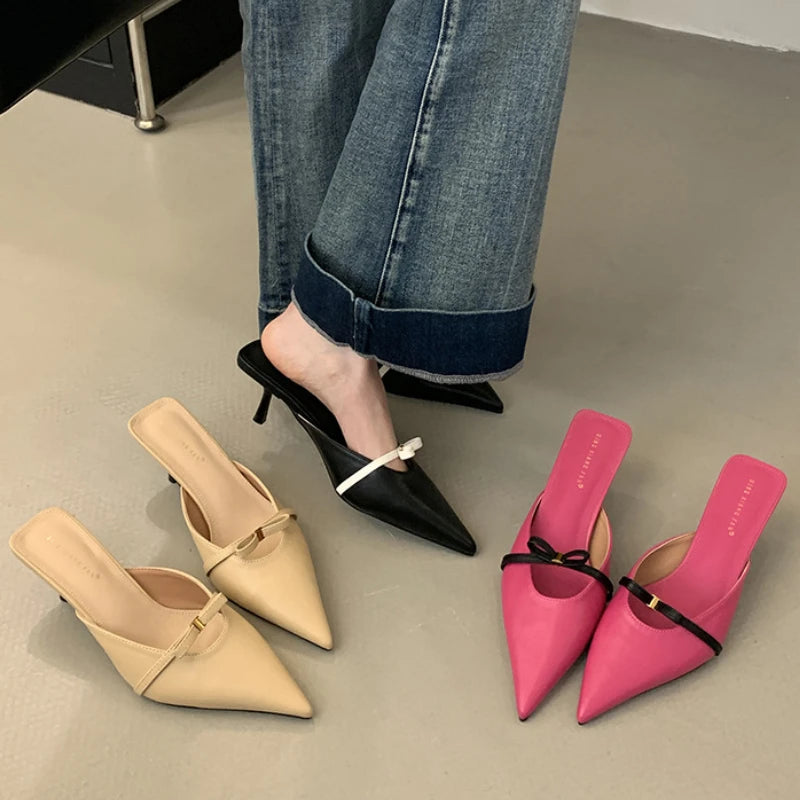 Butterfly-knot Pointed Toe Mules Slippers Woman Fashion Elegant Low Heel Summer Slides Female Concise High Heeled Sandals Women