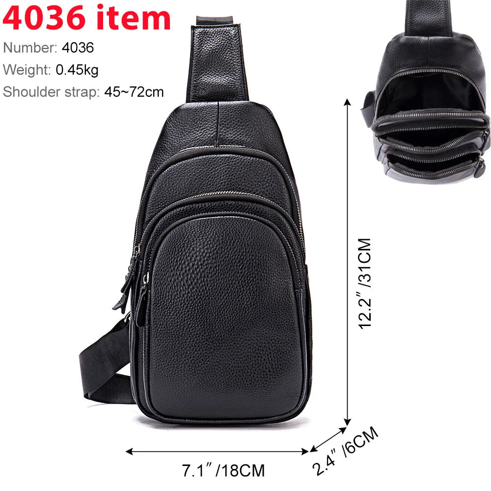 Men's Chest Bag 100% Cowhide Genuine Leather Sling Bag Casual Traveling Chest Pack Black Men's Messenger Shoulder Bags - EUFASHIONBAGS