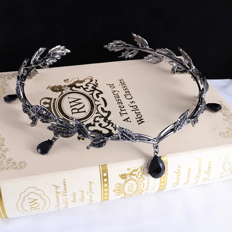 Vintage Gun Black Emerald Rose Green Fairy Crown Tiara Crystal Leaf Elf Tiara Bandana Hair Accessories for Women Costume Jewelry - EUFASHIONBAGS