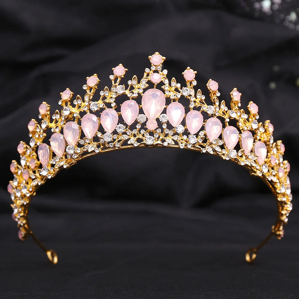 Baroque Pink Opal Crystal Wedding Crown Princess Bride Headwear Rhinestone Pageant Diadem Bridal Tiaras Hair Jewelry Accessories - EUFASHIONBAGS