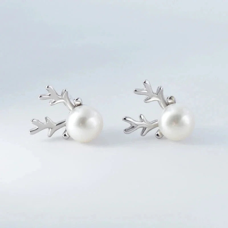 Cute Elk Antler Imitation Pearl Stud Earrings for Women Exquisite Daily Wear Party Christmas Earrings Gift Trendy Jewelry