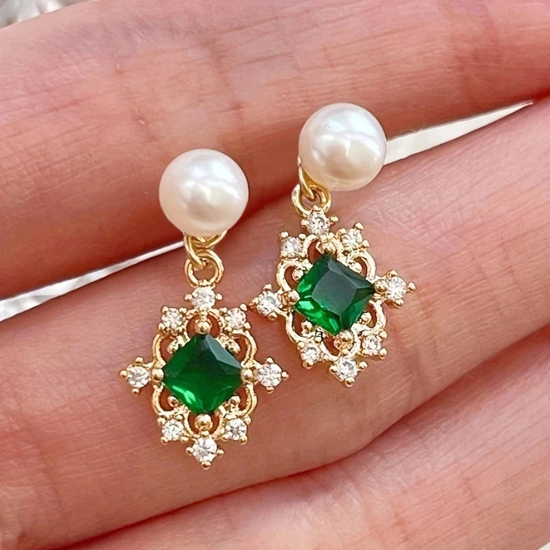 Green Cubic Zirconia Drop Earrings for Women Removable Imitation Pearl Earrings Two Wear Ways Creative Jewelry