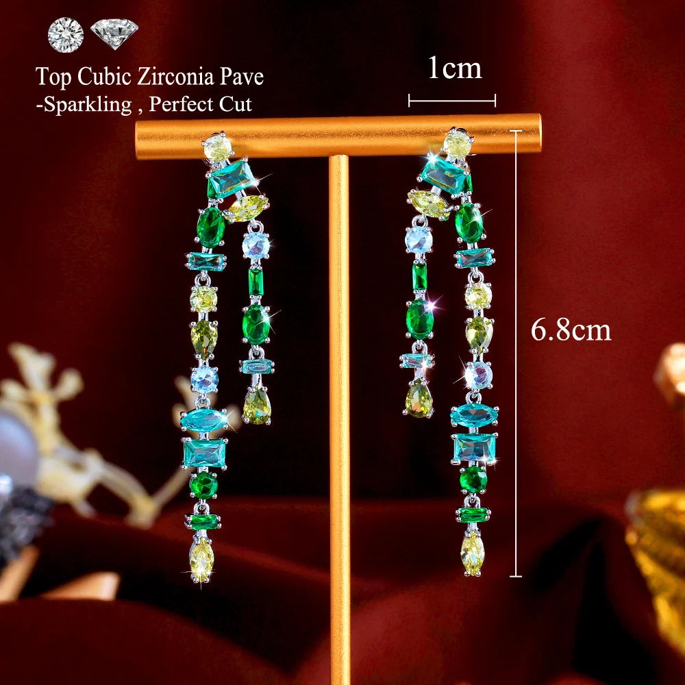 Glamorous Fringed Green Cubic Zirconia Dangly Tassel Drop Long Earrings for Women Pageant Party Accessories - EUFASHIONBAGS