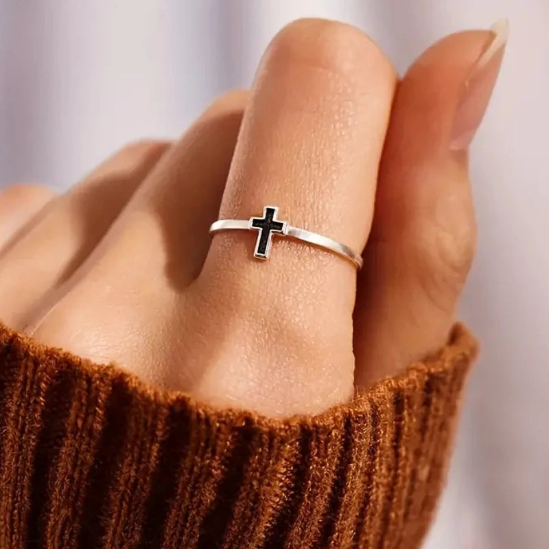 Fashion Contracted Cross Rings for Women Silver Color Black Drop Glaze Finger Accessories Female Versatile Daily Jewelry