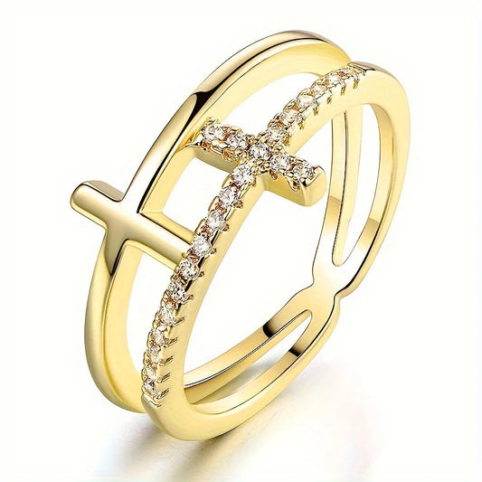 Fashion Double-layer Cross Ring for Women New Popular Finger Accessories with Micro Inlaid Zirconia Versatile Jewelry