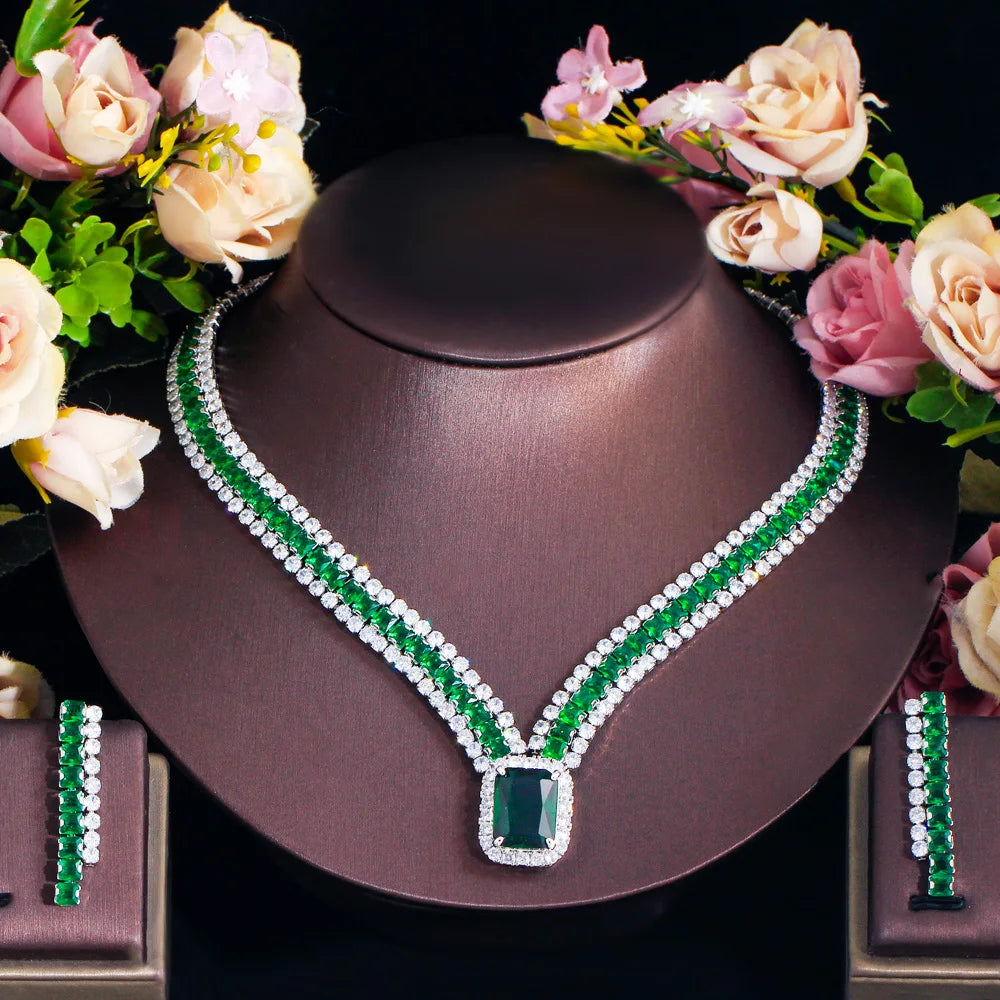 Big Rectangle Green Cubic Zirconia Stone Women Evening Dancing Party Costume Jewelry Sets for Brides Wedding - EUFASHIONBAGS