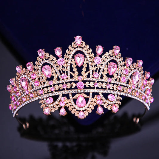 Luxury Frontlet Pink Rhinestone Bridal Tiaras Crown Baroque Crystal Pageant Prom Diadem Bride Headbands Wedding Hair Accessories - EUFASHIONBAGS