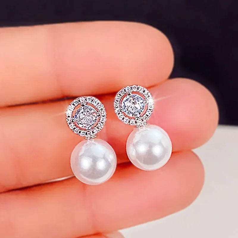 New Trend Imitation Pearl Dangle Earring for Women Luxury Silver Color Bling Cubic Zirconia Fashion Elegant Lady Jewelry