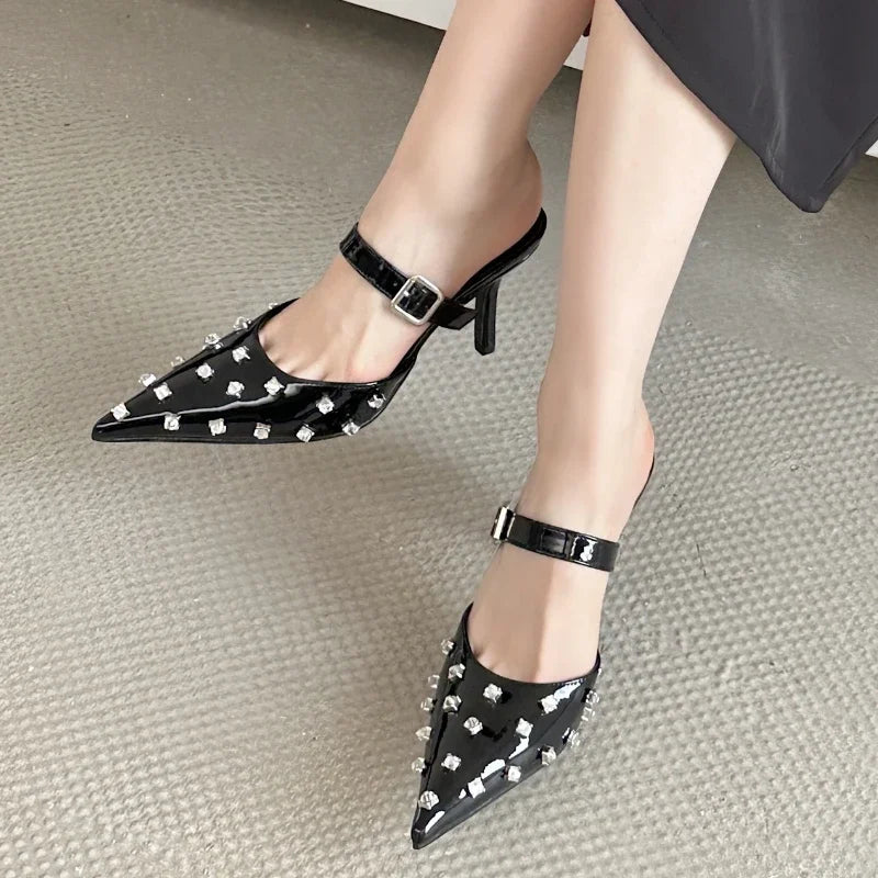 Luxury Rhinestone Mules Pumps Women 2025 New Summer Sexy Pointed Toe Thin High Heels Sandals Ladies Crystal Brand Slippers Women