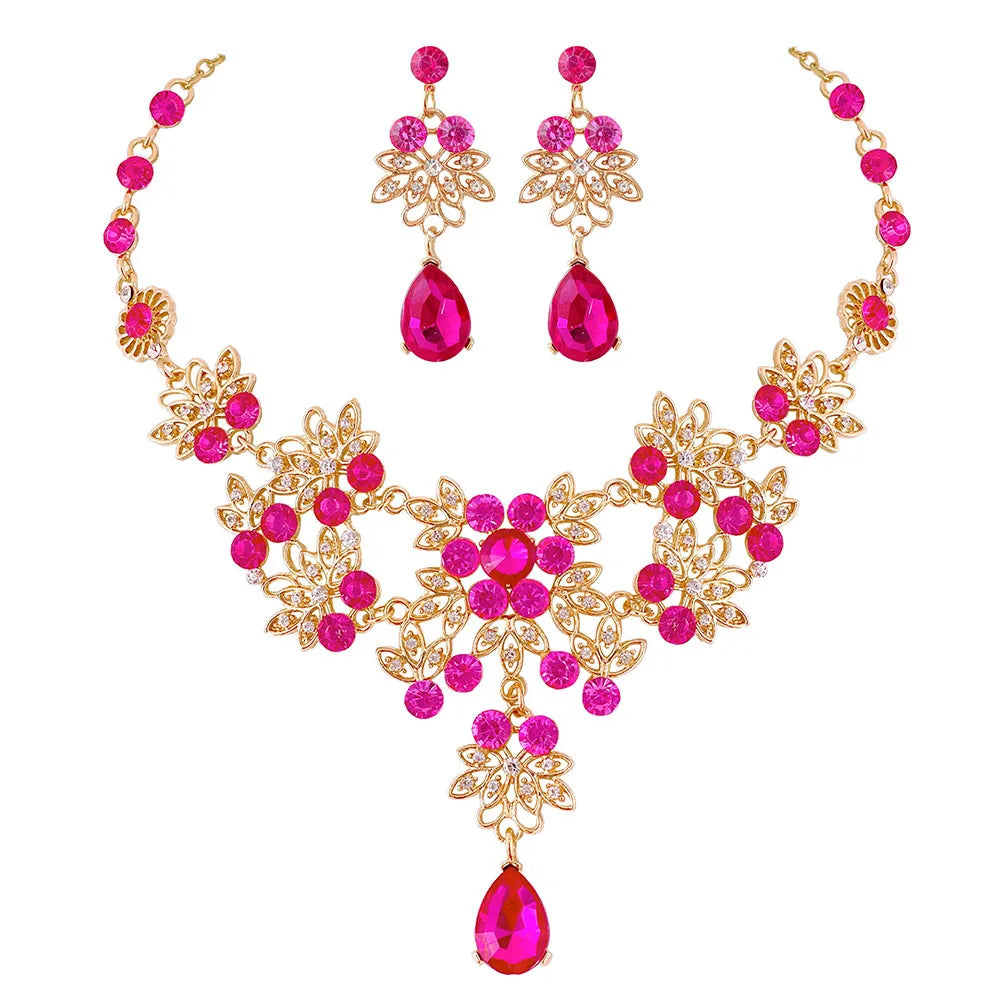 Baroque Pink Purple Crystal Bridal Wedding Jewelry Sets Women Gold Color Rhinestone Necklace Long Earrings Set Dress Accessories - EUFASHIONBAGS