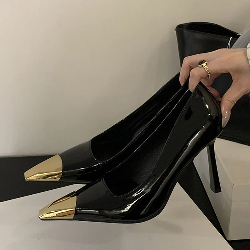 Classics Black High Heels Cozy Patent Leather Women Pumps Fashion Metal Decoration Pointed Toe Stiletto Shoes - EUFASHIONBAGS