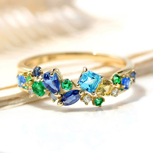 Modern Trendy Female Rings with Blue/Green Cubic Zirconia Luxury Accessories Daily Wear Party Fashion Jewelry for Women