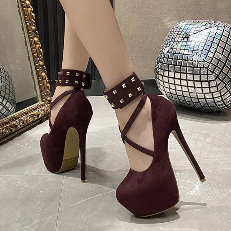 Big Size 43 44 45 Women Pumps Solid Black Round Toe Metal Rivet Ankle Hook Strap Platform High Heels Wedding Banquet Shoes - EUFASHIONBAGS