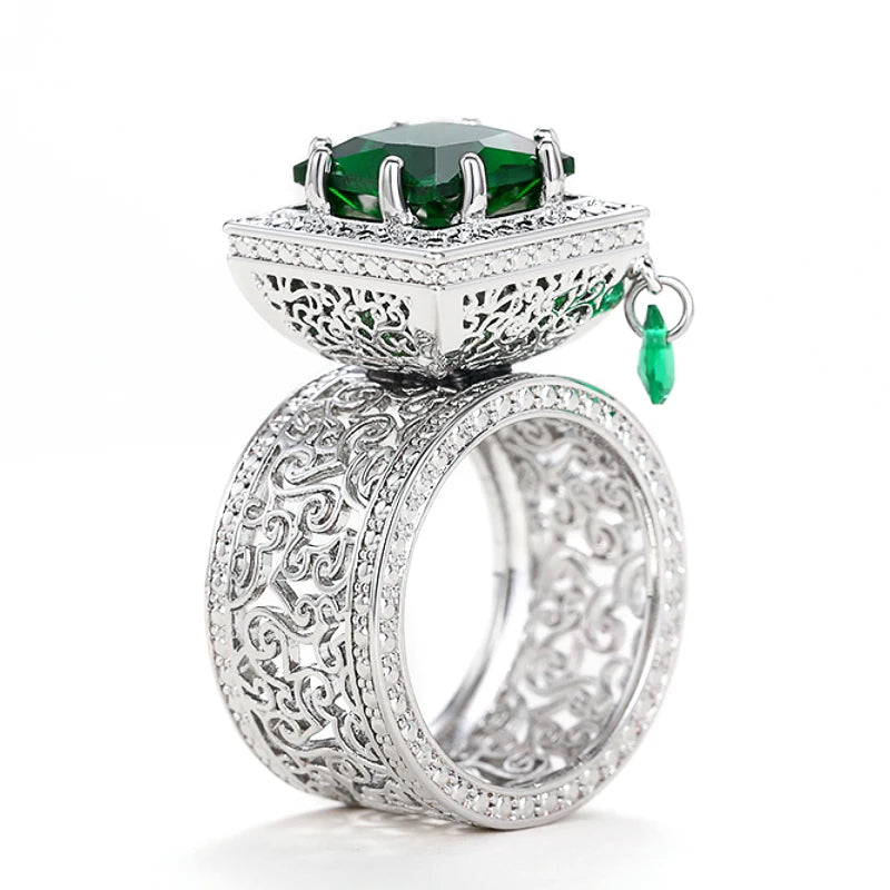 Square Green Cubic Zirconia Rings Gorgeous Hollow Pattern Women Accessories Unique Wedding Rings Gift New Trendy Jewelry