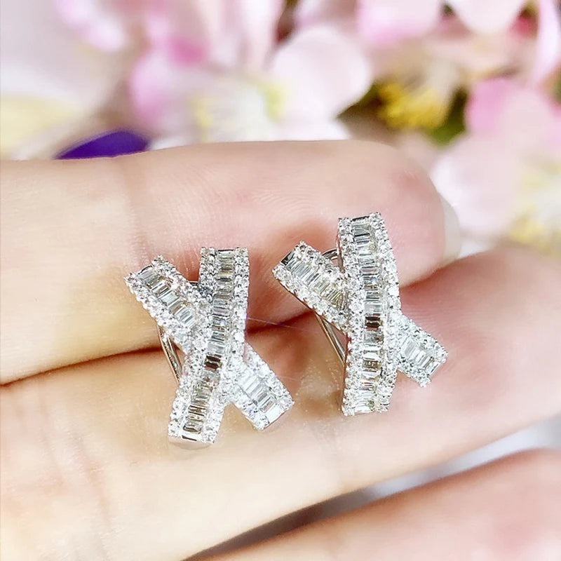 Fancy X Shaped Stud Earrings with Dazzling White Cubic Zirconia Luxury Earrings for Women Wedding Party Statement Jewelry - EUFASHIONBAGS