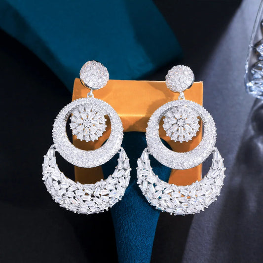 Super Sparkling White Chunky Cubic Zirconia Luxury Statement Big Multiple Round Dangle Women Wedding Earrings - EUFASHIONBAGS